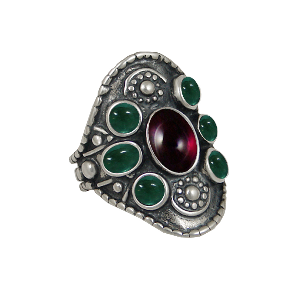 Sterling Silver High Queen's Ring With Garnet And Fluorite Size 7